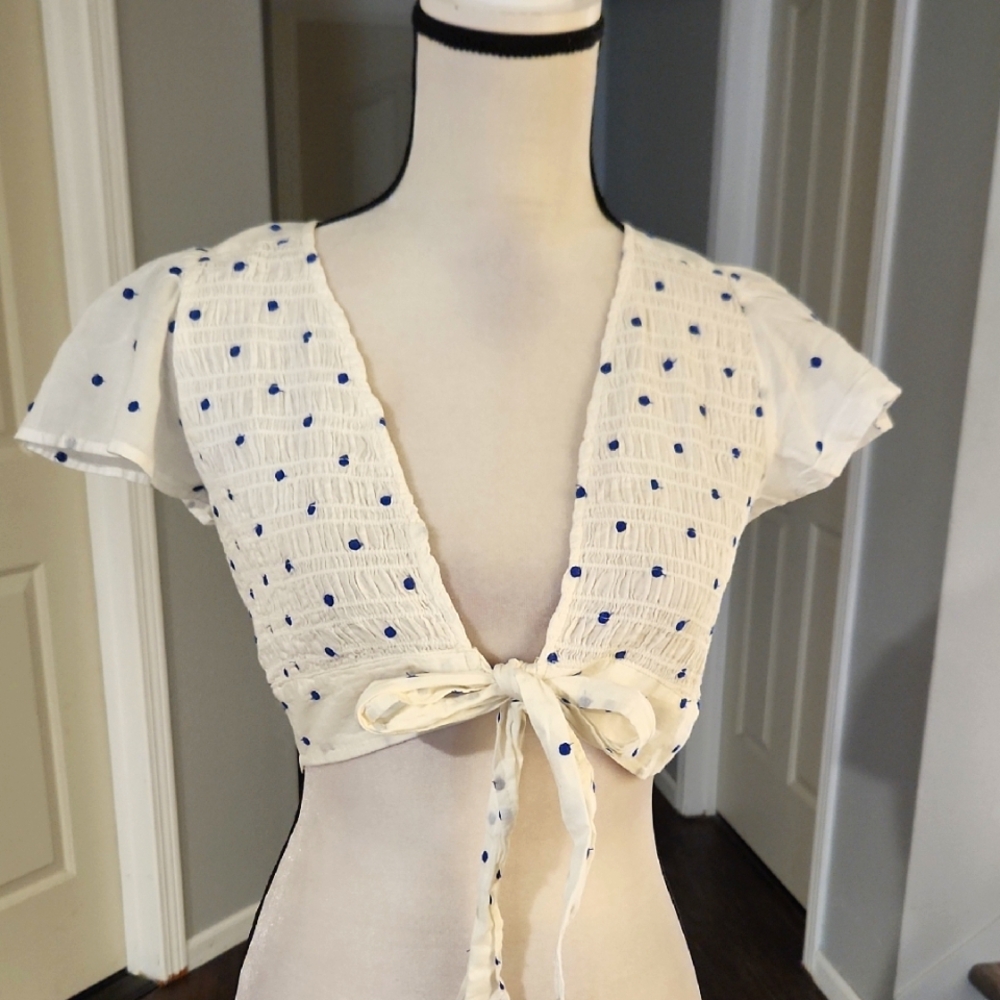 NWT American Eagle Blue Polka Dot Frot Tie Crop Top - Picture 2 of 6
